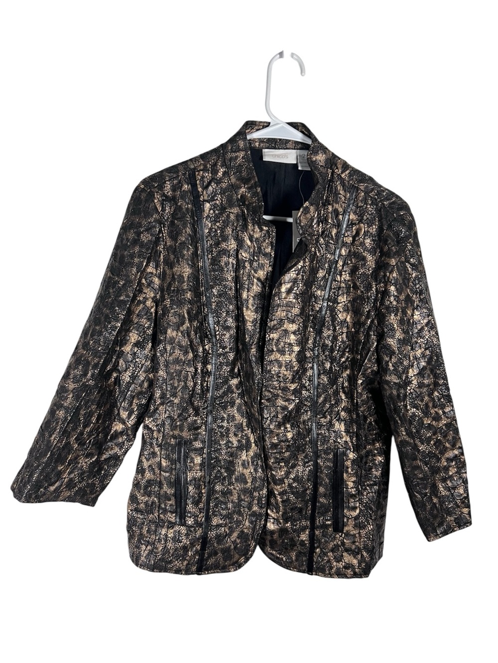 Chicos Womens Jacket Black Brown Cheetah Print 3/4 Sleeve Size L